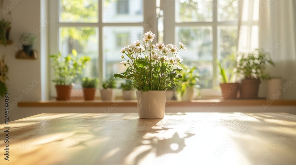 Fototapeta premium Fresh flowers in a sunny kitchen create a welcoming atmosphere during a bright morning
