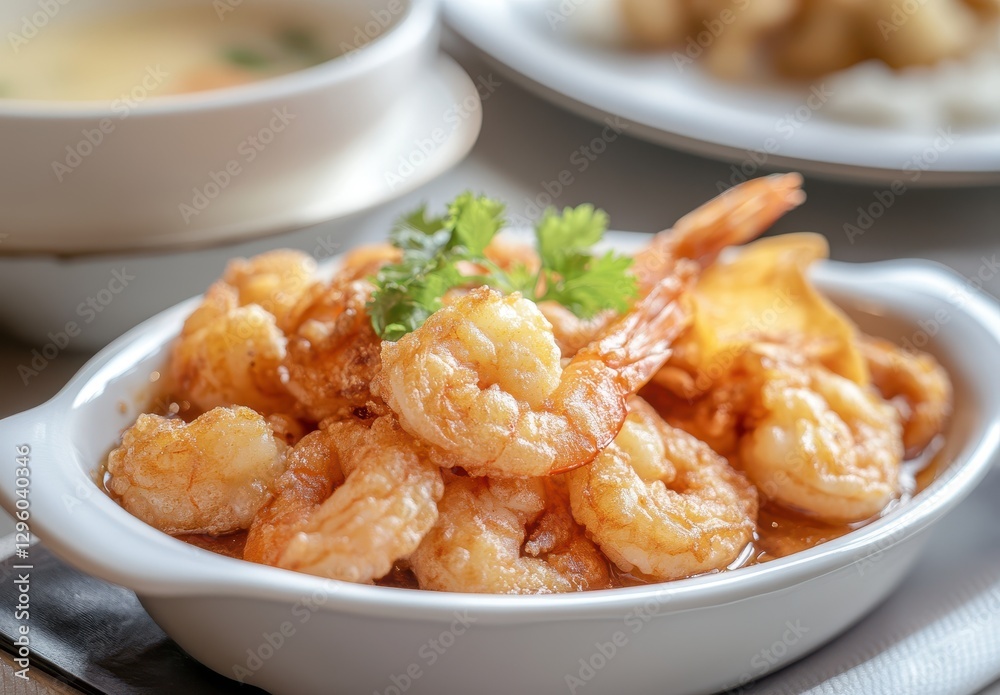 Deliciously Cooked Shrimp Dish Served with Garnish on a Plate with Complementary Dishes in the Background in a Restaurant Dining Setting Deliciously Cooked Shrimp Dish Served with Garnish on a Plate with Complementary Dishes in the Background in a Restaurant Dining Setting