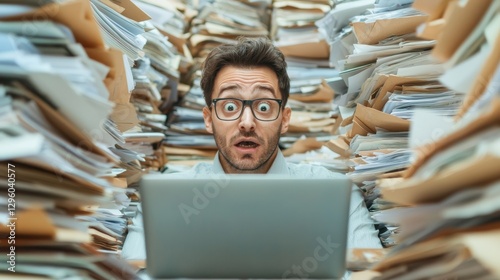 Wallpaper Mural Overwhelmed Man Surrounded by Documents Staring at Laptop Screen Torontodigital.ca