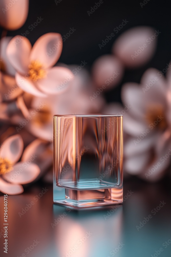 Empty glass cube on a dark background with blurred pink flowers. Elegant and minimalist. Empty glass cube on a dark background with blurred pink flowers. Elegant and minimalist.