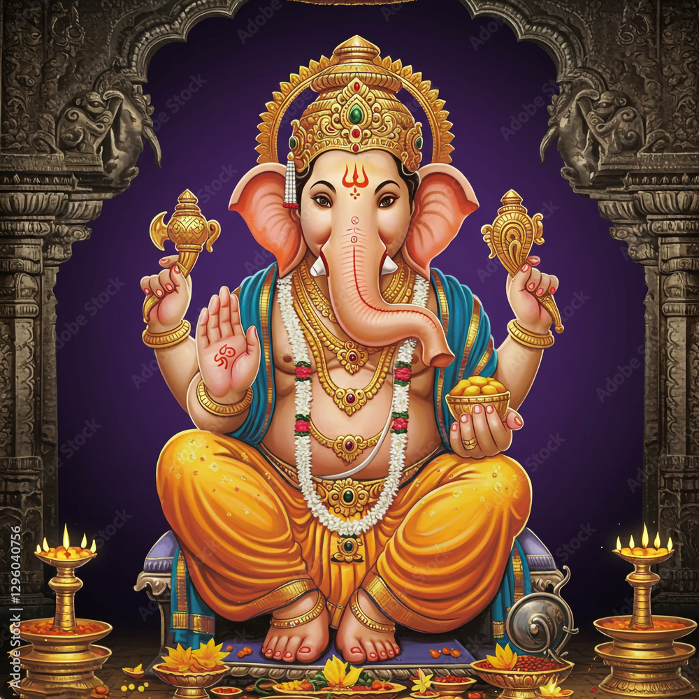 Fototapeta premium Lord Ganesha Sitting Illustration, Hindu God Art for Puja