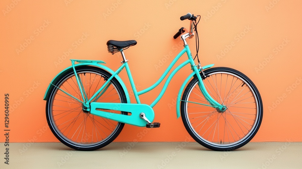Fototapeta premium Vibrant Aqua Bicycle Against Bright Orange Wall in Minimalist Space
