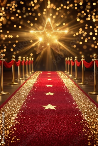 Hyper-realistic red carpet event scene with a luxury golden star and glamorous glowing lights