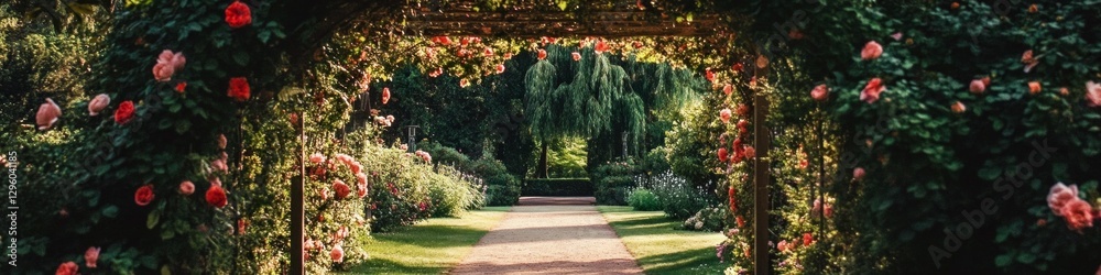 Fototapeta premium Romantic rose-covered arbor leads to a tranquil garden path.