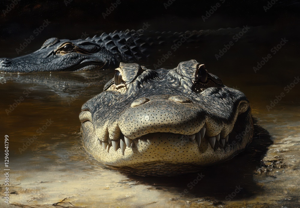 Obraz premium Detailed close-up of a crocodile featuring unique scales, sharp teeth, and reflective eyes in natural water setting with another crocodile in background