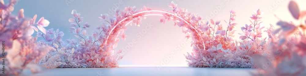 Fototapeta premium Pastel pink floral archway. Dreamy, romantic setting.