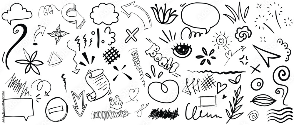 Simple sketch line style elements. ute Doodle pen line elements.Doodle arrow, heart, star, decoration symbol, icon set. Hand drawn sketch doodle cute star, emphasis, flower element.Vector illustration Simple sketch line style elements. ute Doodle pen line elements.Doodle arrow, heart, star, decoration symbol, icon set. Hand drawn sketch doodle cute star, emphasis, flower element.Vector illustration