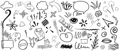 Simple sketch line style elements. ute Doodle pen line elements.Doodle arrow, heart, star, decoration symbol, icon set. Hand drawn sketch doodle cute star, emphasis, flower element.Vector illustration