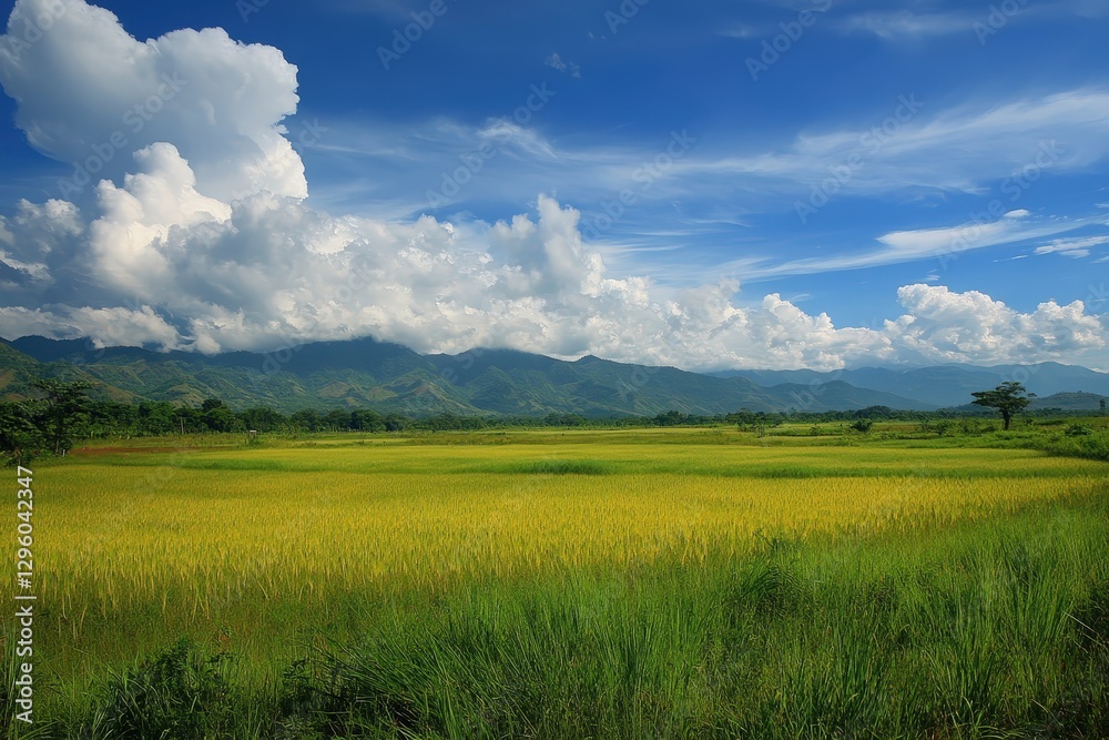 Obraz premium Golden rice field growing near lush green mountains under cloudy blue sky