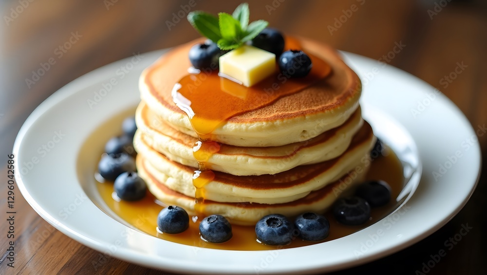photograph of a single stack of fluffy pancakes served on a clean white plate photograph of a single stack of fluffy pancakes served on a clean white plate