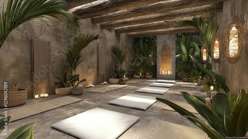 Serene Indoor Yoga Studio with Tropical Plants and Candles