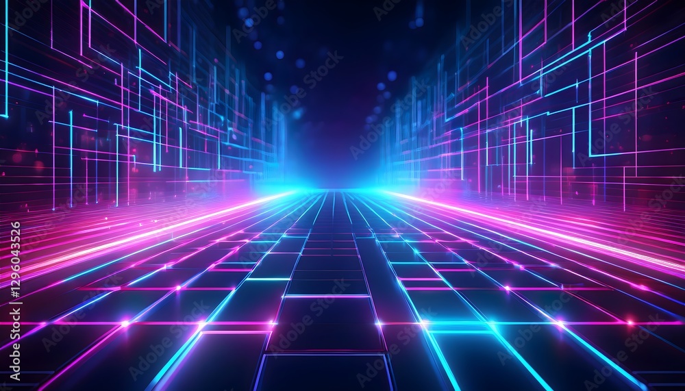 Futuristic neon corridor background. Glowing grid pattern with thin neon lines in shades of electric blue, pink, and purple. Futuristic neon corridor background. Glowing grid pattern with thin neon lines in shades of electric blue, pink, and purple.