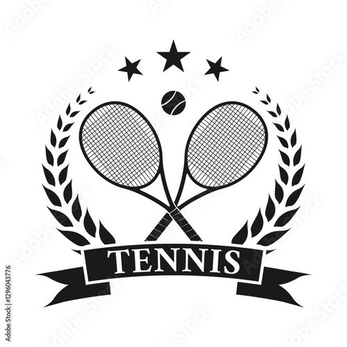 Tennis logo, icon or badge with crossed rackets and tennis ball. Sport symbol design with laurel wreath. Vector illustration.