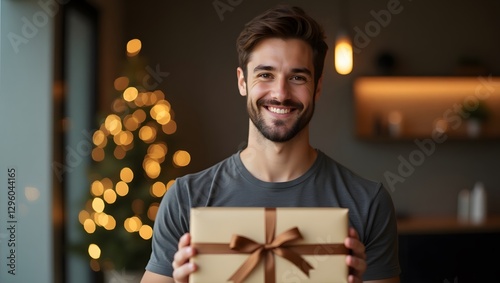 photograph of a handsome young man holding a wrapped gift box