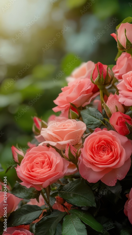 Beautiful Pink Roses Surrounded by Lush Green Foliage Creating a Serene and Romantic Garden Atmosphere in Natural Light Beautiful Pink Roses Surrounded by Lush Green Foliage Creating a Serene and Romantic Garden Atmosphere in Natural Light