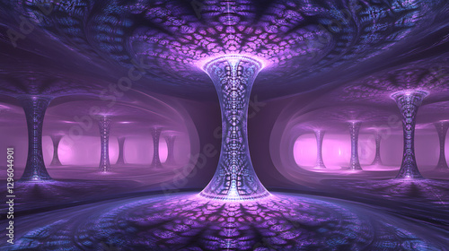 Surreal purple fractal landscape; glowing pillars, ethereal atmosphere, otherworldly cave.