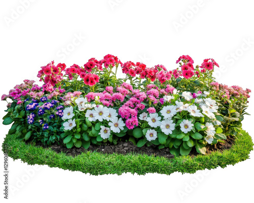 vibrant flower bed featuring pink, white, and purple blooms surrounded by lush green grass, creating cheerful and inviting garden scene