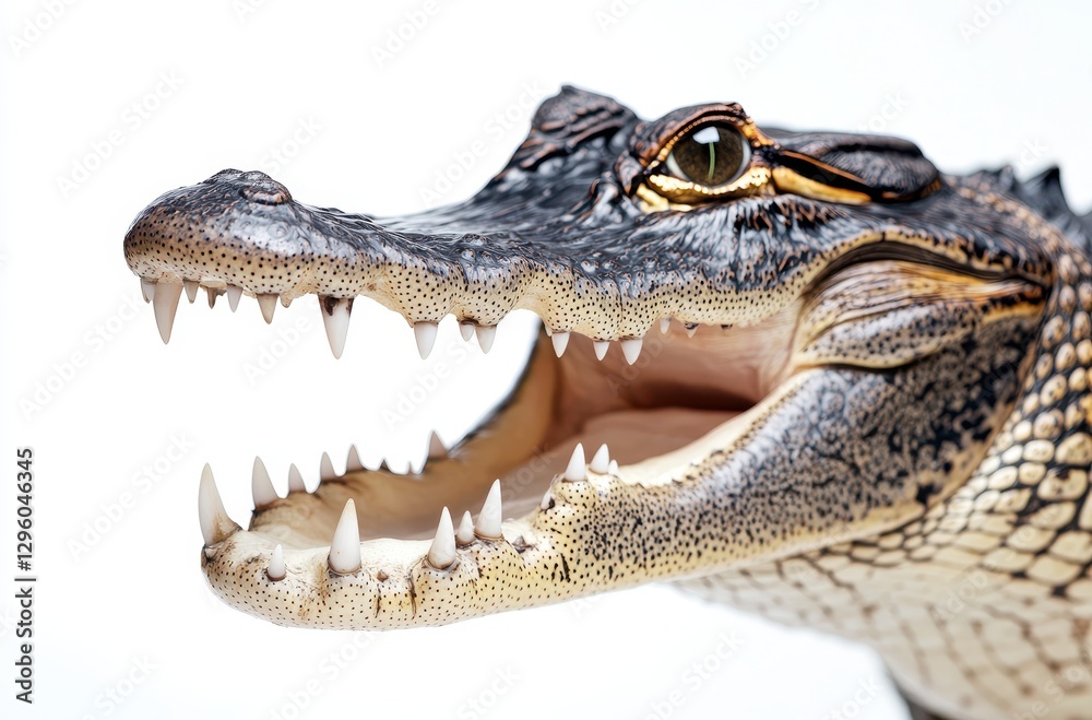 Fototapeta premium Detailed Close-Up of a Realistic Alligator Head Showing Sharp Teeth and Expressive Eye Against a Clean White Background