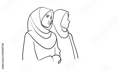 Young muslim womans in burqa, continuous line art drawing. Vector illustration isolated on white background 