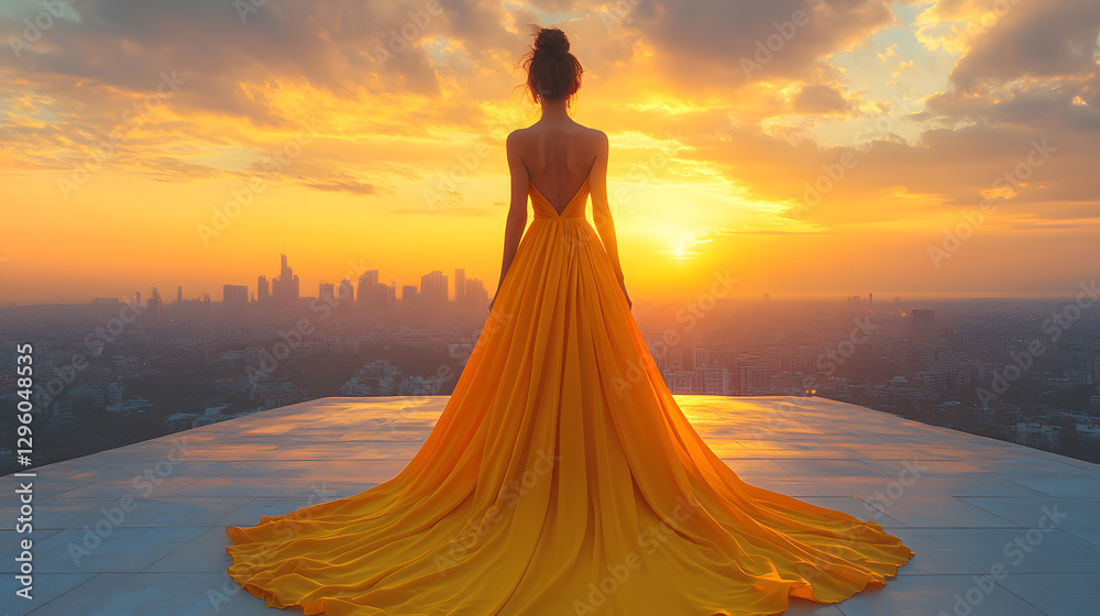 Photography of a confident 30-year-old model standing on a rooftop terrace at sunset, wearing a flowing silk gown in vibrant summer hues, with the glowing city skyline creating a dreamy, romantic back