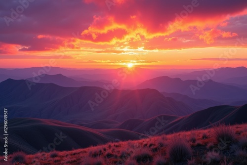 Breathtaking Sunset Over Mountainous Landscape Showcasing Vibrant Hues of Pink, Orange, and Purple in the Evening Sky with Rolling Hills and Valleys