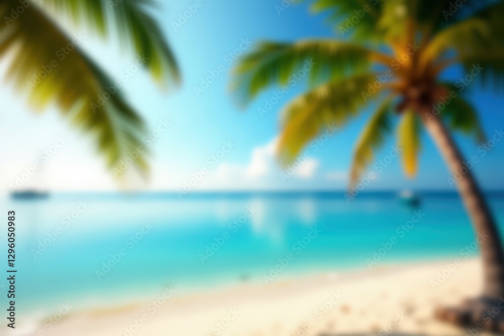 A Tranquil Tropical Beach Scene with Palm Trees and Crystal Clear Waters Under a Bright Blue Sky, Perfect for Relaxation and Vacation Vibes A Tranquil Tropical Beach Scene with Palm Trees and Crystal Clear Waters Under a Bright Blue Sky, Perfect for Relaxation and Vacation Vibes