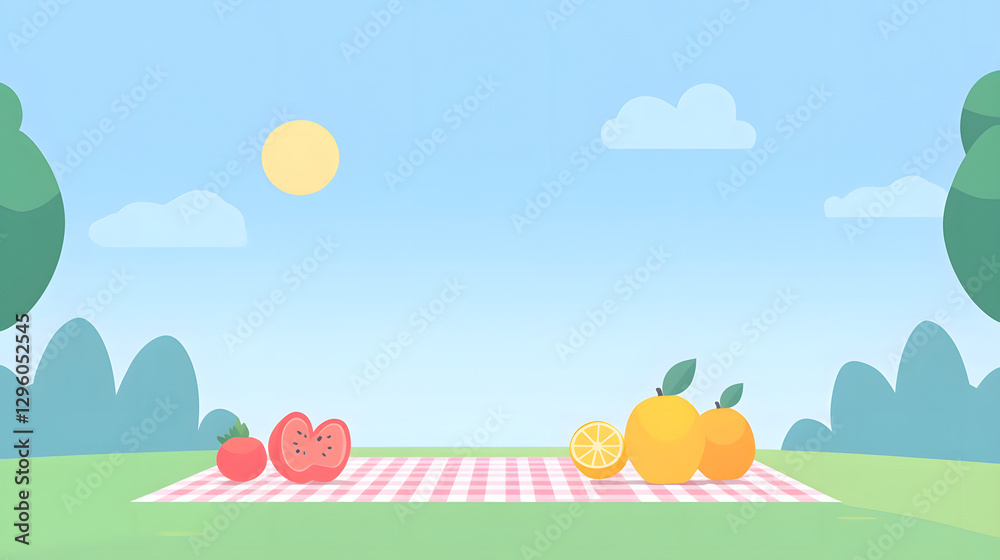 Fototapeta premium cheerful summer picnic setup featuring checkered blanket with fruits like strawberries, oranges, and lemons under sunny sky. Perfect for outdoor gatherings