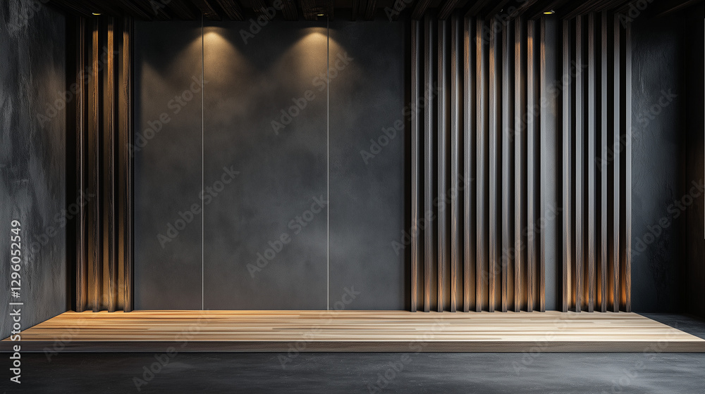 a modern room features a raised platform and a black wall with geometric panels a modern room features a raised platform and a black wall with geometric panels