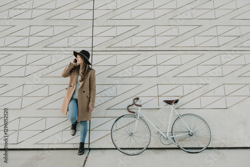 Young hipster woman speaking by phone near to a bicycle photo