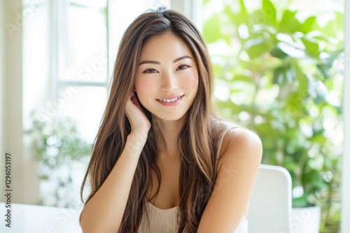 Free Download Young woman with long hair smiling at camera in bright indoor setting with greenery in the background during daytime - GFXLoad