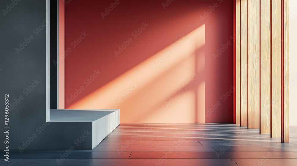 Obraz premium a modern room features a raised platform and a black wall with geometric panels