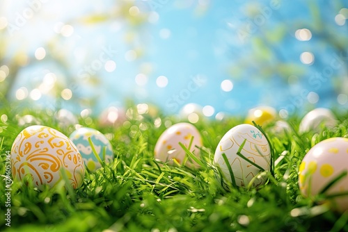 Colorful Easter eggs nestled in vibrant green grass under bright photo