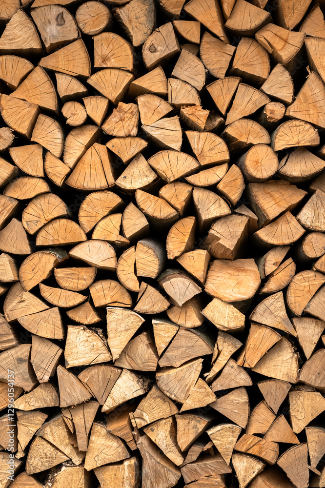 Stacked split hardwood firewood arranged in a row for drying. Close-up of firewood texture Stacked split hardwood firewood arranged in a row for drying. Close-up of firewood texture