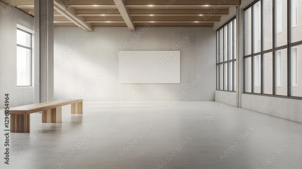 Fototapeta premium spacious, modern art gallery featuring blank canvas on wall, large windows allowing natural light, and wooden bench for seating. minimalist design creates serene atmosphere