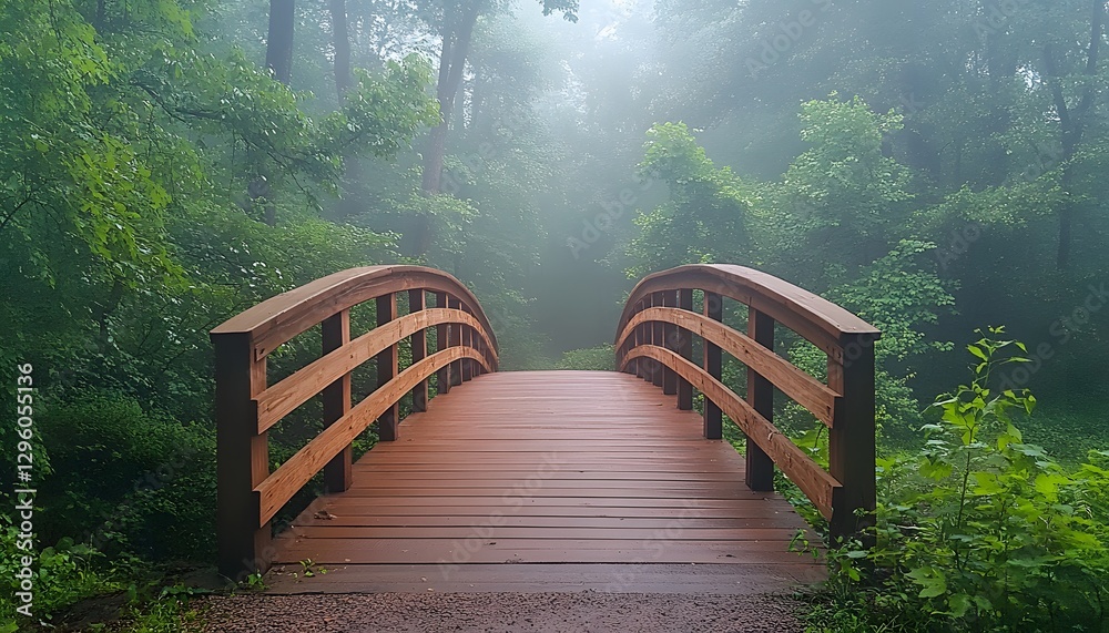 Wooden bridge spans a hazy and dense green forest area Wooden bridge spans a hazy and dense green forest area