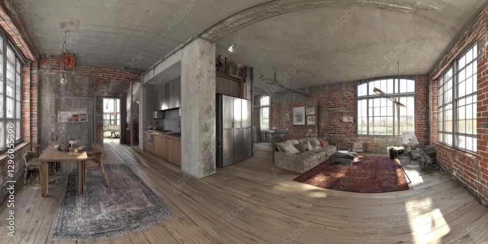 Obraz premium Industrial Loft Apartment Design Featuring Exposed Brick