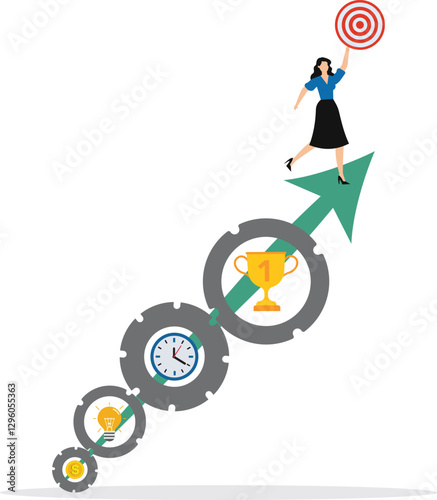 Business Goals Stages of the Success,Stylized businesswoman Achieve business target