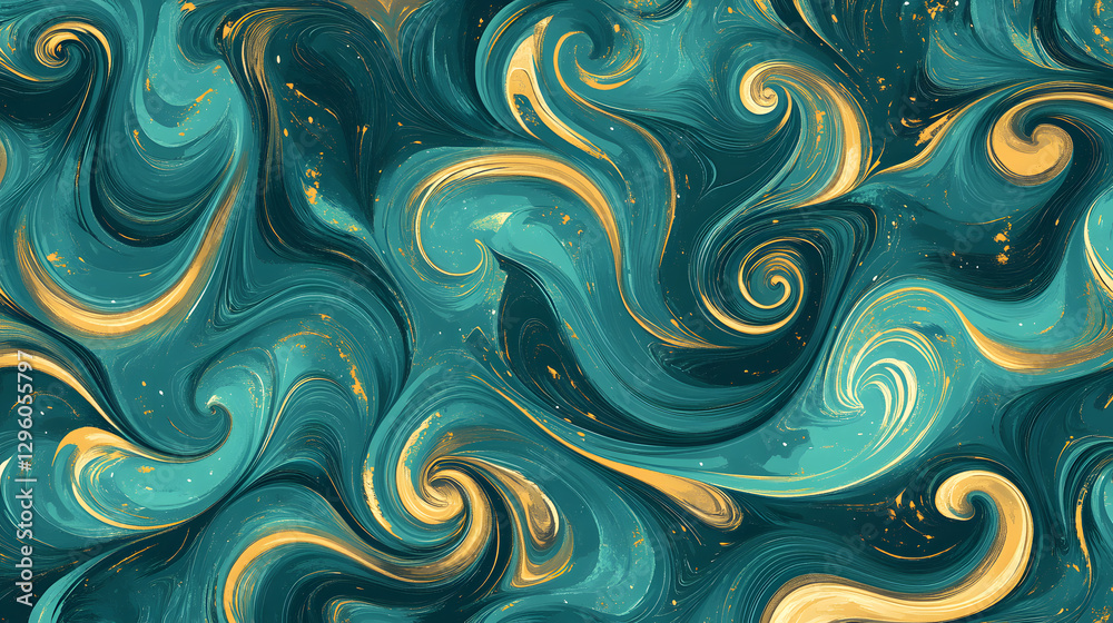 Obraz premium Abstract blue and teal marble pattern with gold accents, flowing lines creating an elegant design 