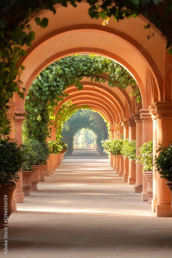 Fototapeta premium Serene arched pathway, lush greenery, sunlight filtering through.