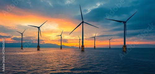 wind turbines at sunset in the river or sea 