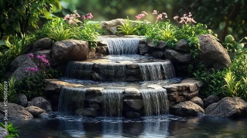 Podium made of stone surrounded by small waterfalls