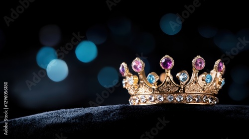 A majestic gold crown adorned with precious gemstones, resting on a velvet cushion against a dark background, representing royal lineage and authority.
