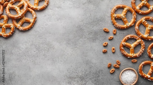 A composition that is both visually appealing and appetizing is formed by freshly baked pretzels arranged delectably and generously sprinkled with toasted grains photo