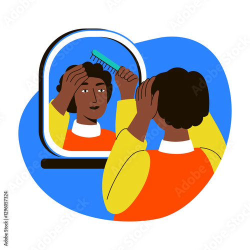 A flat style illustration of a character combing hair in front of mirror