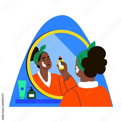A flat style illustration of a girl applying serum to her face