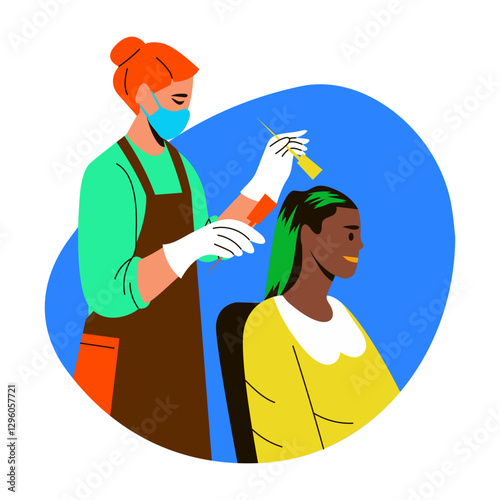 A flat style illustration of beautician doing hair tinting to a character