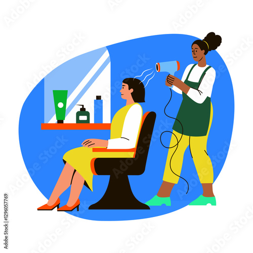 A flat style illustration of a stylist doing hair drying of a girl