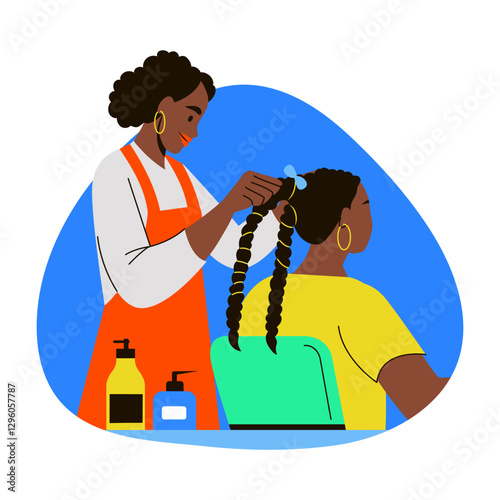 A flat style illustration of a stylist doing hair braiding of a girl