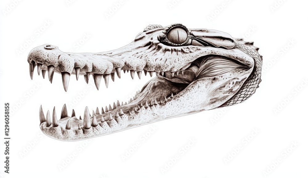 Obraz premium Detailed Illustration of a Realistic Crocodile Skull with Sharp Teeth and Textured Surface on a White Background for Educational Purposes