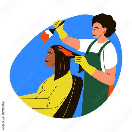 A stylist doing Hair colouring to her client, flat style illustration
